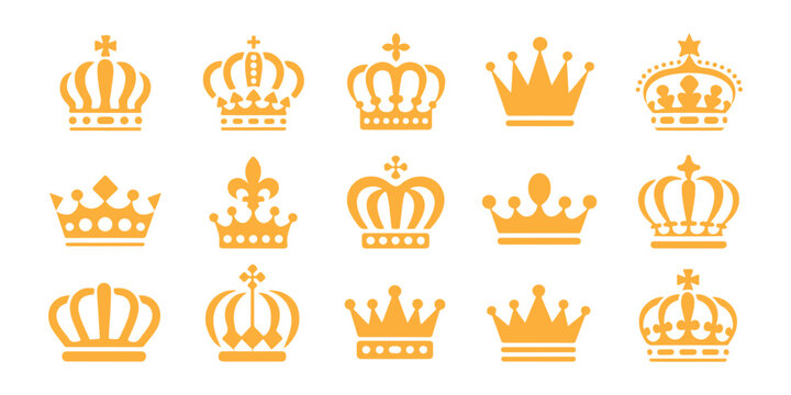 Set of 15 golden crown icons on transparent background suitable for web design or logo.