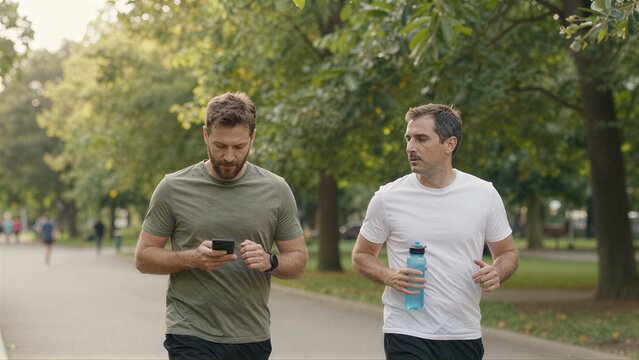 Two men jogging outdoors, one checking phone, other holding water bottle.