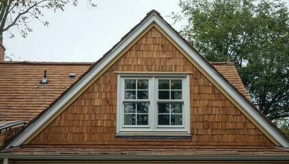 Obraz premium Dutch attic roof design on single family home with tan shingle gable and double hung white window frames