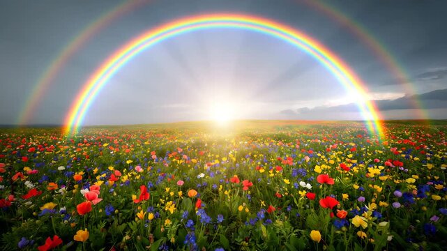 Vibrant Double Rainbow Over Colorful Wildflower Field At Sunset Nature Landscape Photography