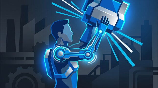 Industrial Worker Wearing Robotic Exoskeleton Arm Lifting Heavy Load in Vector Illustration