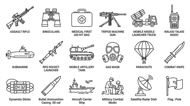Military line icon vector set with army equipment and war weapon linear symbols for ui graphic design