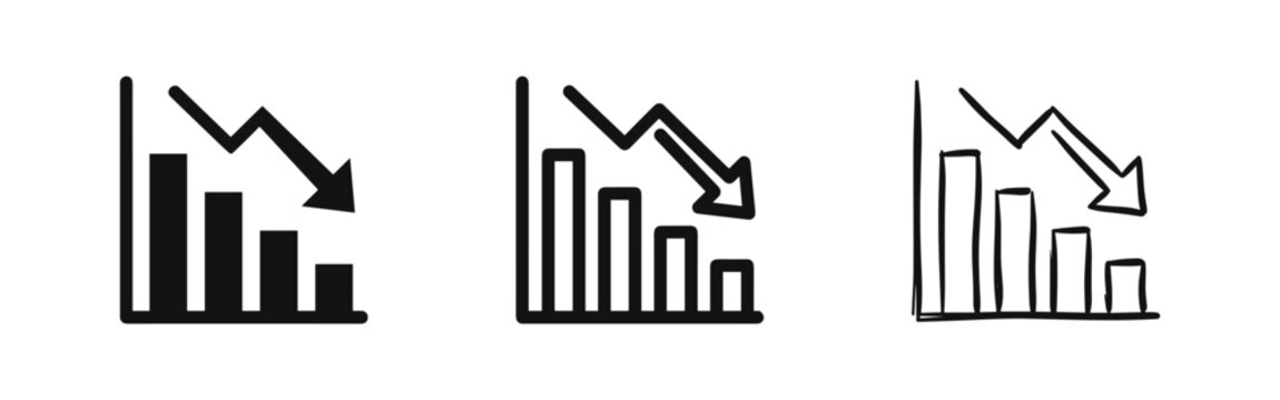 Decreasing Bar Chart Icon Set in Solid, Outline, and Hand-Drawn Styles