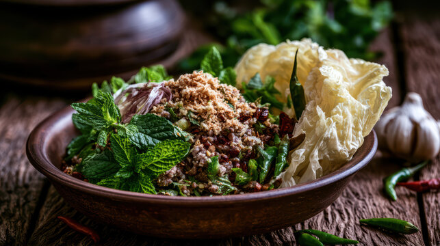 thai spicy minced beef salad larb food photography