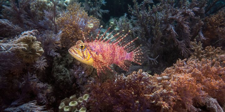 Striking frogfish resting on ocean bottom flora
