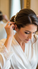 Fototapeta premium Elegant Bride in White Robe Getting Ready for Wedding Ceremony