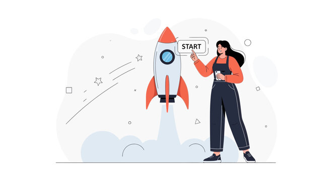 Woman pressing START button on a rocket launching, symbolizing new beginnings, innovation, and project success in a modern flat illustration style.