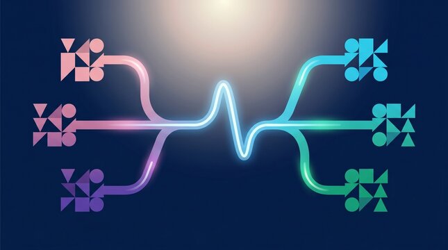Abstract Neon Data Flow Diagram and Signal Wave for Technology and Network Communication