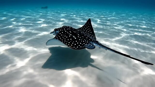 Majestic Spotted Eagle Ray gliding over sunlit sandy seabed in clear blue tropical water, ideal for nature documentaries.