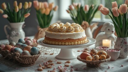 Fototapeta premium Springtime Easter display of a sweet cake and colorful eggs on table