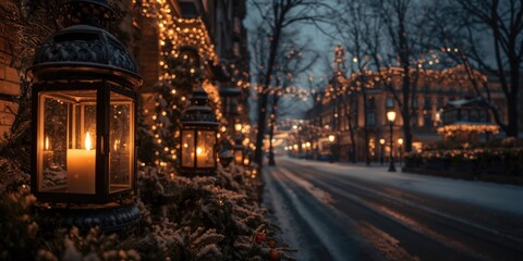 Naklejka premium Winter Christmas season illuminated by vintage lanterns casting warm glows on snowy streets