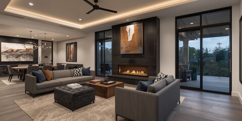 Obraz premium Modern living room with fireplace and large windows