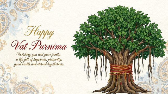 Happy Vat Purnima Vrat Greeting Card with Sacred Banyan Tree Illustration
