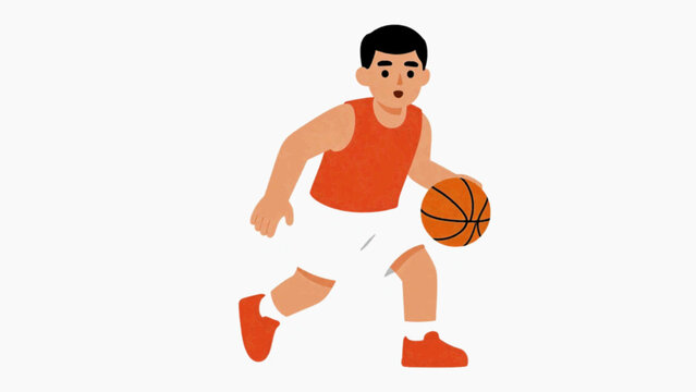 Basketball player man in orange jersey dribbling ball in action pose flat cartoon vector illustration isolated on white background