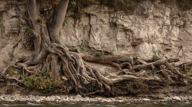 A large tree clings to a riverbank, its exposed roots gripping the eroding soil. The bank reveals layered earth