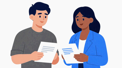 Obraz premium Two coworkers man and woman holding documents discussing work in startup office flat cartoon vector illustration isolated on white background