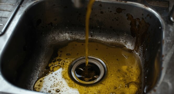 Kitchen waste sink clogged by old cooking oil pour with copy space for text