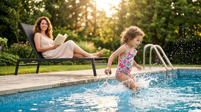 Happy mother reading a paperback book on a lounge chair as her daughter runs and splashes in the pool.