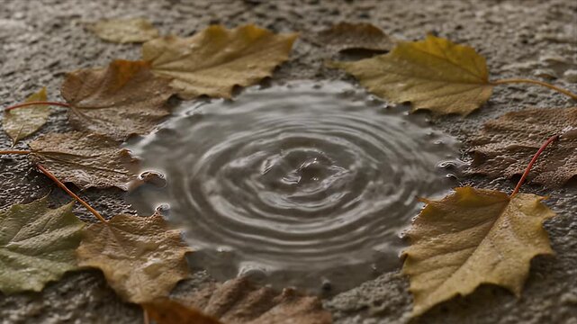 Autumn leaf nature water raindrop puddle ripple circle wet surface texture with outdoor liquid motion wave splash reflection background and seasonal detail in calm mood closeup