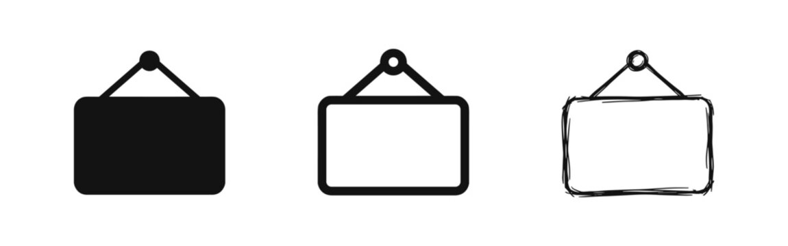 Blank hanging wooden sign board icons for notices and information