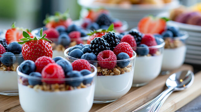 Hotel breakfast buffet yogurt and granola parfait station with fresh berries, healthy morning dining concept, defocused, with copy space