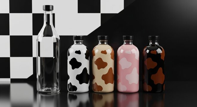 Collection of stylized milk bottles with cow print patterns in various colors and a clear bottle