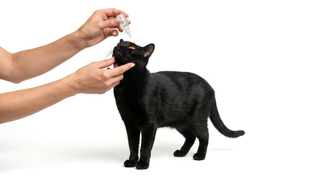 Bombay cat receiving eye drops from a person on white background