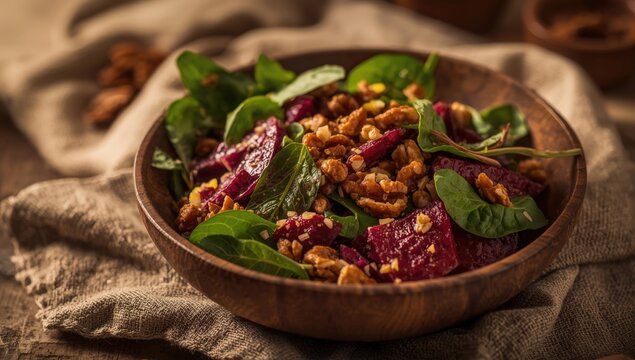 Wholesome beetroot salad tossed with sweet candied walnuts and baby spinach