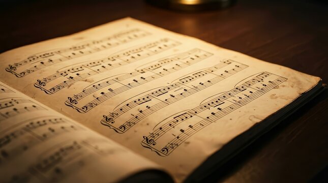Vintage sheet music with printed notation and smudges lying on a desk under a warm lamp
