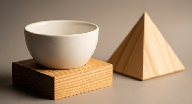 Minimalist still life with white bowl on wooden block and wooden pyramid on gray background