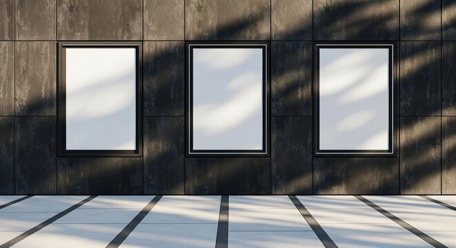 Modern architectural building facade with three large blank window frames displaying reflections and shadow patterns