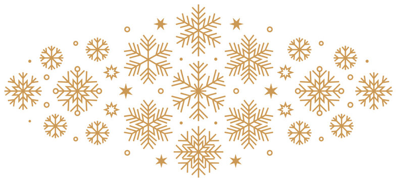 Golden outline snowflakes and dots, stars symmetrical border Christmas winter holiday decor.