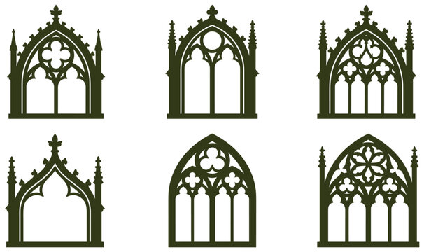 Gothic window frames set featuring pointed arches and intricate stone tracery silhouettes.