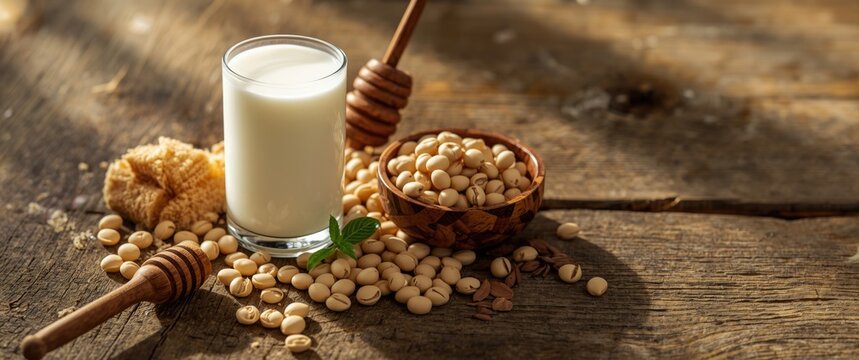 Glass of soy milk with honey and soybeans on wooden table