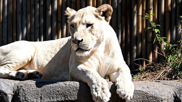Majestic White Lioness Resting on Rock Ledge with Bamboo Background ideal for wildlife documentaries.