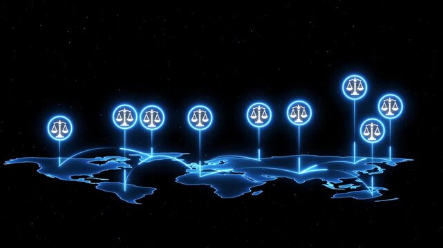 Global legal network: digital map with glowing justice scales