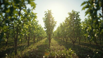 Fototapeta premium Rows of young trees in an orchard at sunrise