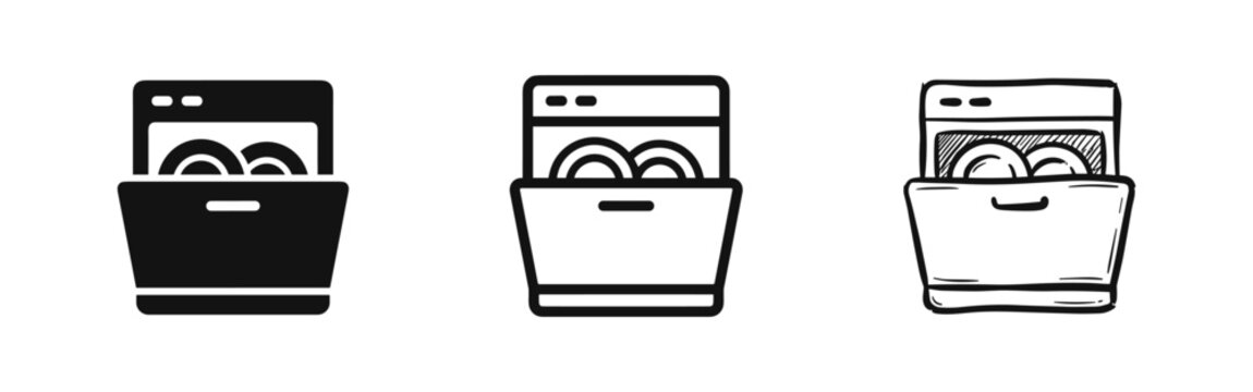 Dishwasher icon set: solid, outline, and sketch style