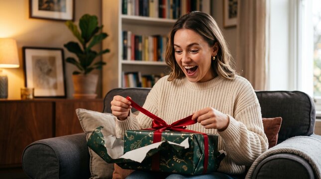 Excited woman opening a beautifully wrapped gift box with a red ribbon in a cozy living room setting