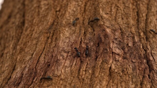 Nature tree bark texture with brown ant insect colony macro closeup wildlife detail pattern on rough wood surface outdoor forest organic environment background alive