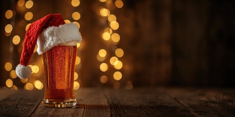 Obraz premium Holiday ale beer glass decorated with Santa hat and glowing bokeh garlands on rustic wood background with copy space