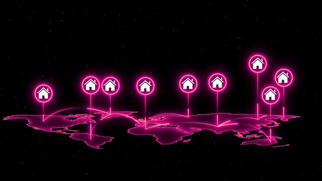 Global real estate network: neon digital map with house