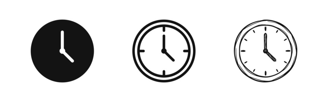 Analog Wall Clock Face Icon Set - Time Management and Schedule Symbol in Solid, Outline, and Hand-Drawn Sketch Styles