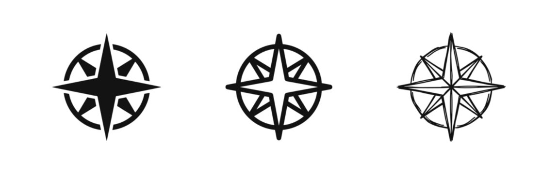 Compass Star Icon Set - Wind Rose Navigation Symbols in Solid, Outline, and Sketch Styles