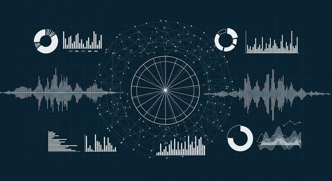 Abstract digital interface with futuristic data visualization, charts, graphs, and network