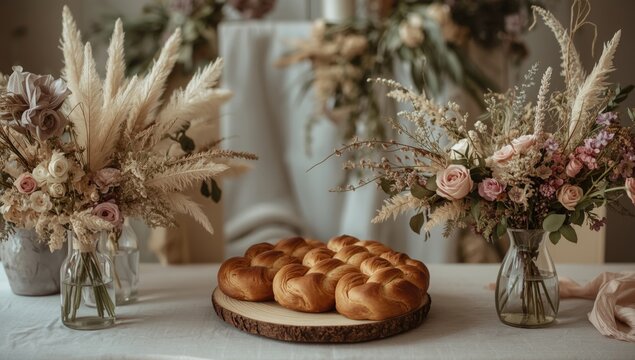 Elegant wedding setting with challah bread, dried flowers, and floral vases