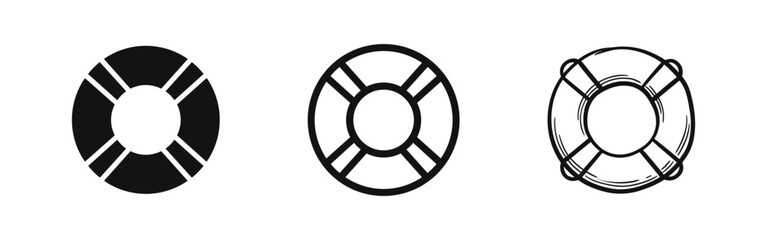 Obraz premium Lifebuoy Life Ring Icon Set: Solid, Outline, and Hand-Drawn Safety and Rescue Symbols
