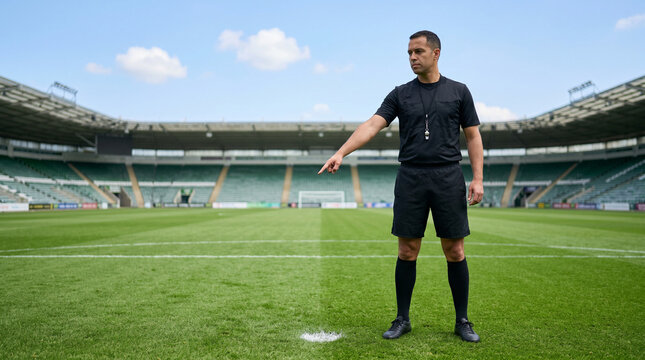 Anonymous football referee pointing toward a marked spot on a pristine green pitch inside an empty stadium, with broad seating stands, goalposts and clear summer skies behind him