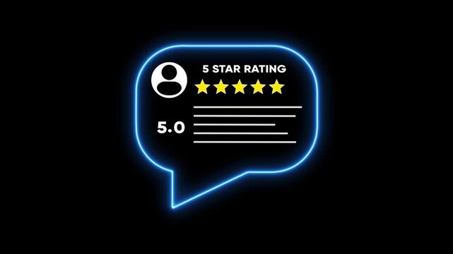 Neon 5-star customer review rating animation on speech bubble