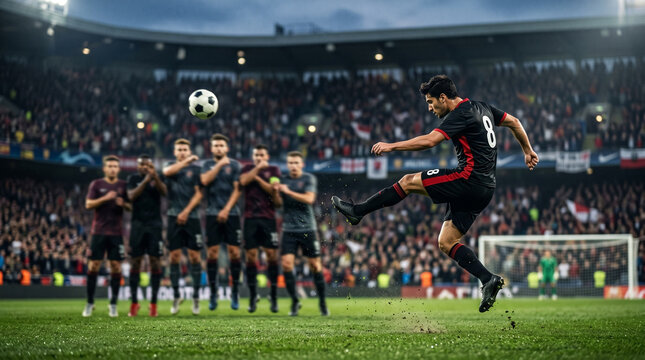 Anonymous soccer player taking a powerful free kick over a defensive wall in a crowded stadium, with the ball airborne above wet grass and blurred teammates watching nearby